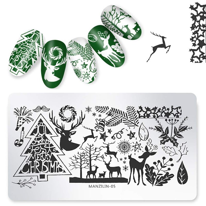WOKOTO 5Pcs Christmas Nail Stamping Plates for Acrylic Nails Set - Santa, Reindeer, Snow Winter Nail Art Image Plate Manicure Template Nail Art Tools for Nail Polish Stamp Stencils - Image 5